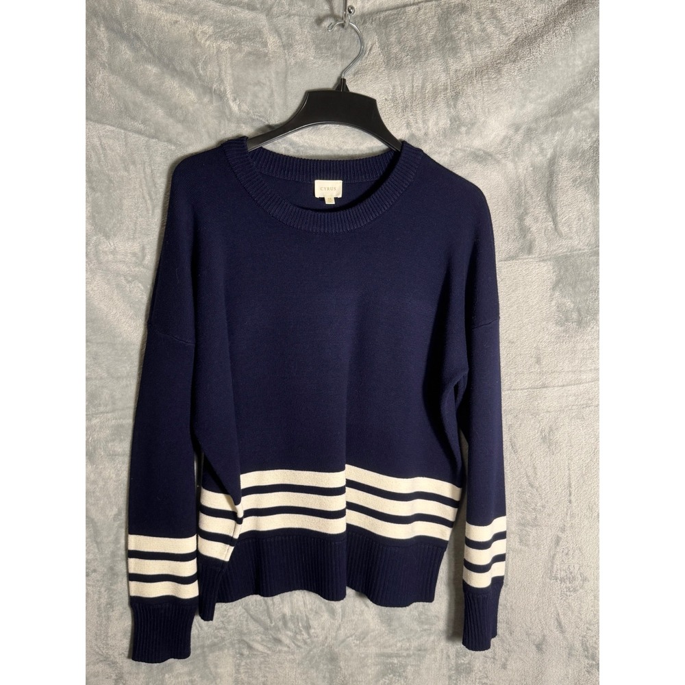 Cyrus Womens XL Navy Blue Striped Knit Crew Neck Sweater C082423 nautical